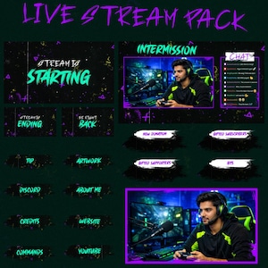 May include: A digital live stream pack featuring a dark background with neon cyan and purple accents. It includes overlays labeled Stream Is Starting, Ending, Be Right Back, Intermission, and Chat, plus various buttons for Tip, Artwork, Discord, About Me, Credits, Website, Commands, Youtube, New Donation, Gifted Subscribers, Gifted Supporters, and Bits.