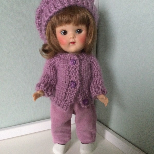 Hand Knit Cardigan Sweater, Corduroy Pants & Beret Hat for Ginny Doll 7-1/2”