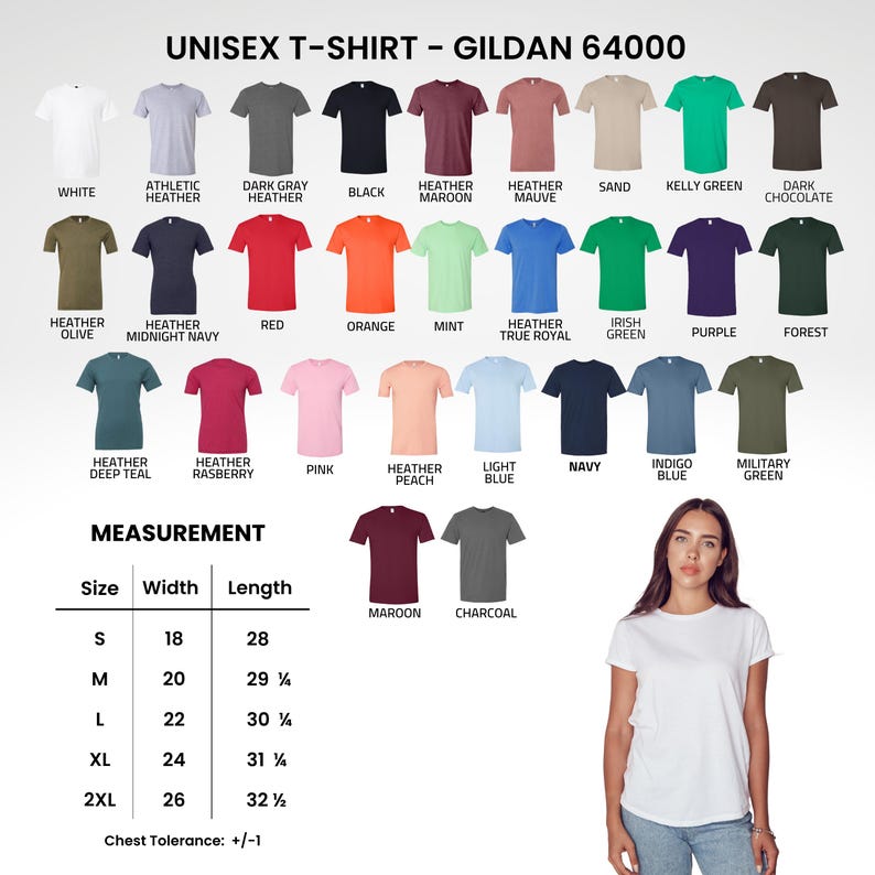 May include: A Gildan 64000 unisex t-shirt colour chart displaying thirty-one solid and heathered colour options with labels. A measurement table lists sizes S through 2XL with width and length in inches. A white t-shirt is shown on a person.