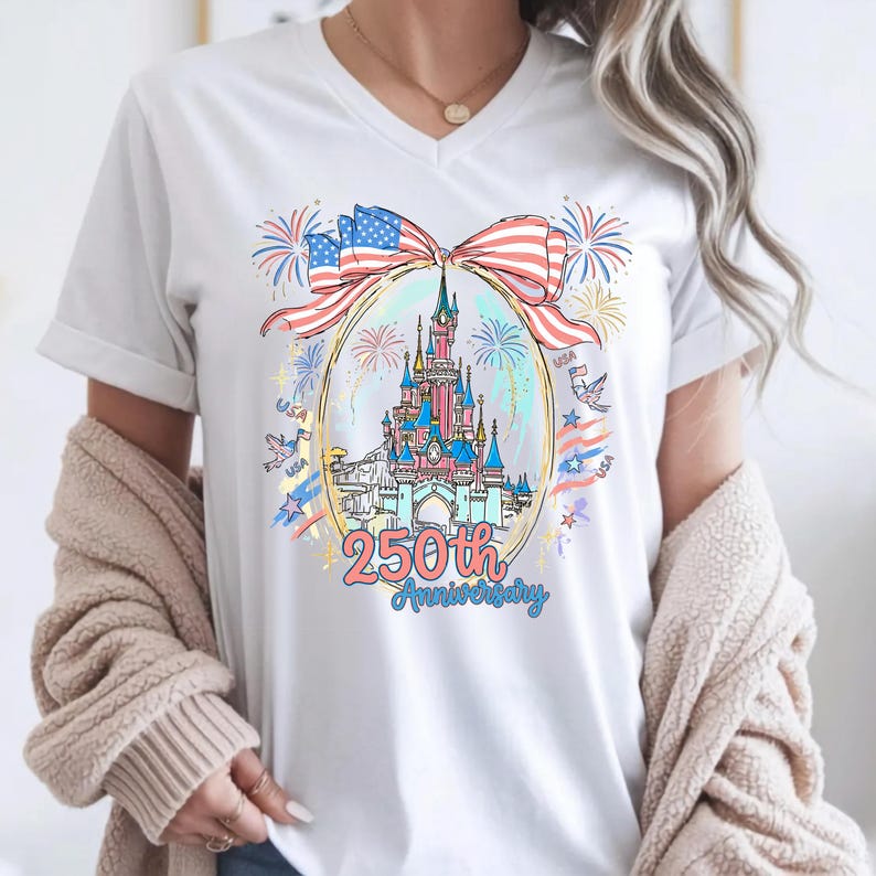May include: A white V-neck t-shirt featuring a graphic of a castle inside an oval frame topped with a red, white, and blue flag-patterned bow. The design includes fireworks, small birds, and the text 250th Anniversary in red and blue script.