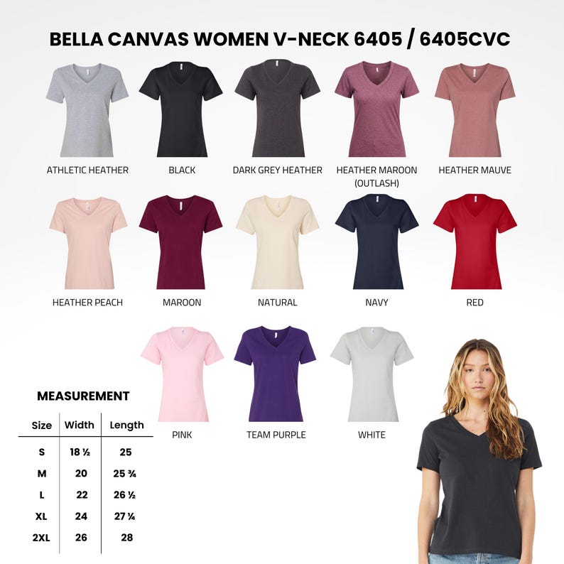 May include: A collection of Bella Canvas 6405/6405CVC V-neck t-shirts in various colours including athletic heather, black, dark grey, maroon, mauve, peach, natural, navy, red, pink, purple, and white, with a size chart showing width and length in inches.