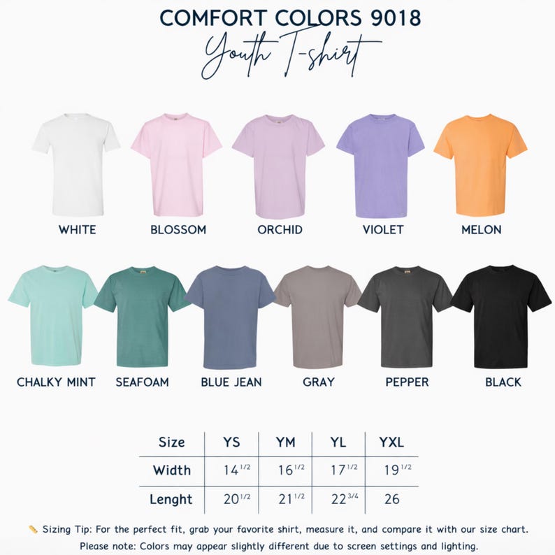 May include: Comfort Colors 9018 Youth T-shirt colour chart featuring eleven short-sleeve shirts in white, blossom, orchid, violet, melon, chalky mint, seafoam, blue jean, grey, pepper, and black, with a size chart showing widths and lengths in inches.