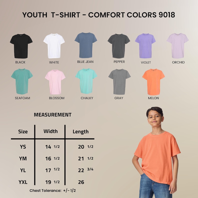 May include: A youth t-shirt in melon colour is modelled. The image displays various t-shirt colours, including black, white, blue jean, pepper, violet, orchid, seafoam, blossom, chalky, and grey. Measurement details are provided, with widths ranging from 36.8 to 49.5 cm.