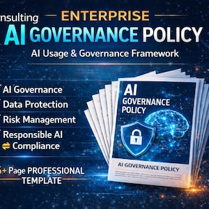 Peut inclure: Une pile de documents intitulés "AI GOVERNANCE POLICY" avec un bouclier bleu et un graphique de cerveau. L'image comprend du texte sur la gouvernance de l'IA, la protection des données, la gestion des risques et l'IA responsable. Le fond est bleu foncé avec des étincelles blanches.