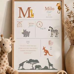 Peut inclure: Un cadre de chambre d'enfant avec un cadre en bois. L'impression présente une grande lettre "M" avec une girafe, le nom d'un bébé, les détails de la naissance et des illustrations d'animaux comme un zèbre, un kangourou et une girafe. Le texte "3650 grammes" et "52 cm".