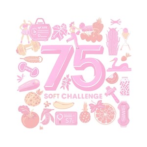 Op de afbeelding: Roze en perzik illustratie met de tekst "75 SOFT CHALLENGE". De afbeelding bevat fitness- en voedselgerelateerde iconen, waaronder dumbbells, fruit en rennende figuren, gerangschikt rond de centrale tekst.