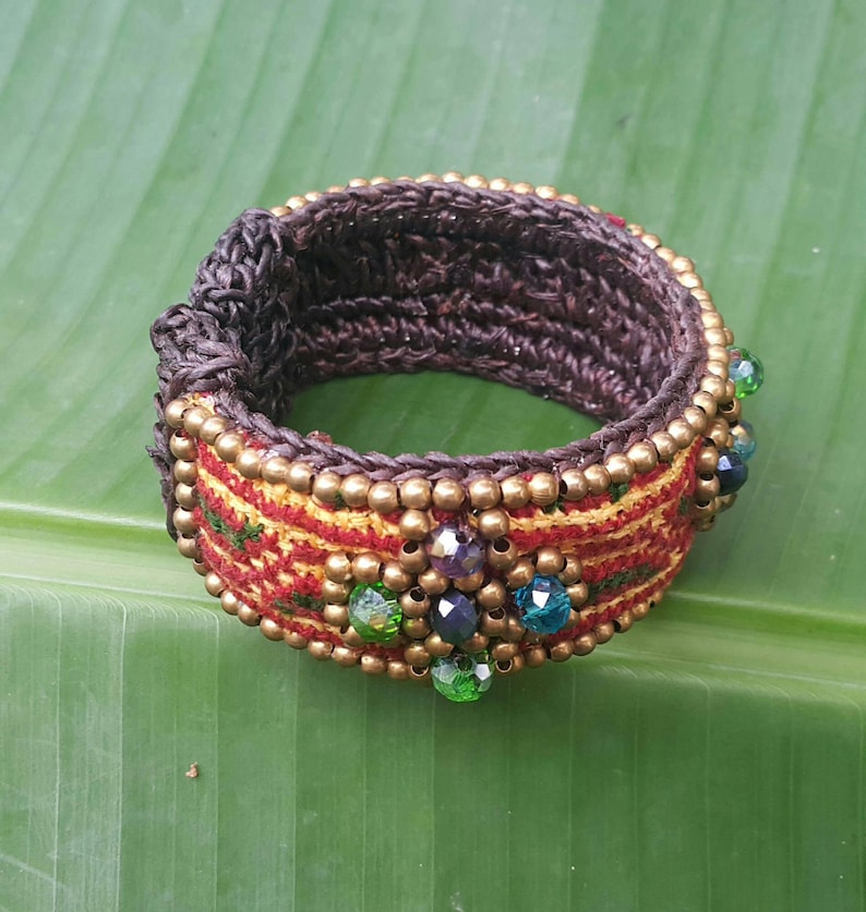 Hilltribe Boho Bangle With Hand Woven Hmong Hilltribe Fabric Crystal Beads Brass Beads and Wax Cord for her for mom