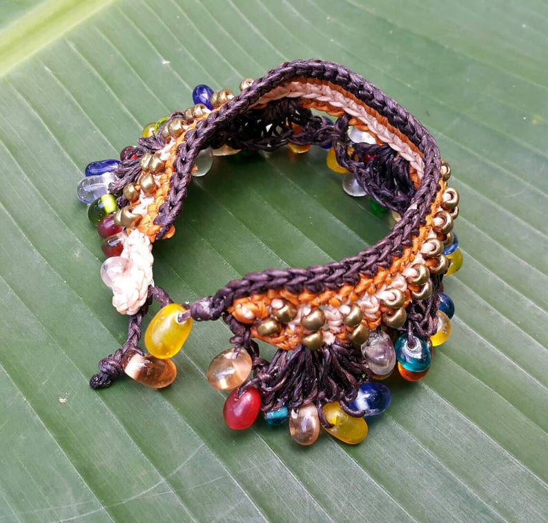 Boho Hand BraidedChrochet Gypsy Bracelet With Glass Teardrop and Brass Beads Nylon Wax Cord for her for gift