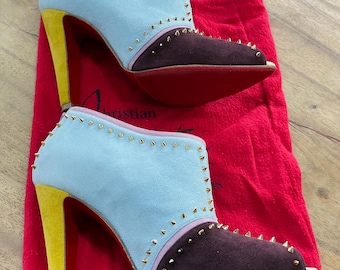 Christian Louboutin Studded Suede Heels Colorblock Booties Peep Toe High Heel Designer Shoes Size 7 US
