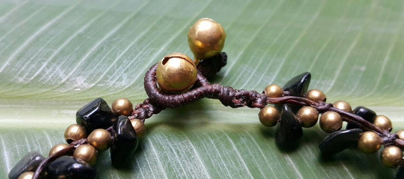 Bells and Brass Elephant Charms Yoga Wear Festival Fashion Boho Meditation Stone Black Onyx Bohemian Anklet with Brass Beads