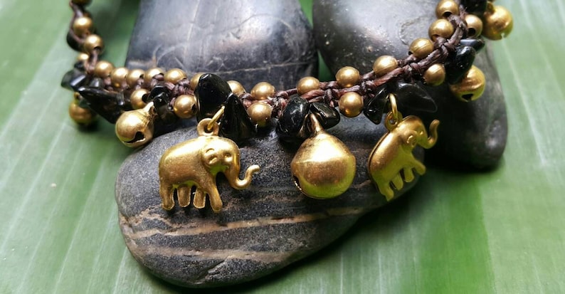 Bells and Brass Elephant Charms Yoga Wear Festival Fashion Boho Meditation Stone Black Onyx Bohemian Anklet with Brass Beads