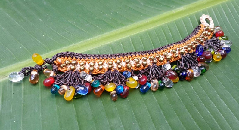 Boho Hand BraidedChrochet Gypsy Bracelet With Glass Teardrop and Brass Beads Nylon Wax Cord for her for gift