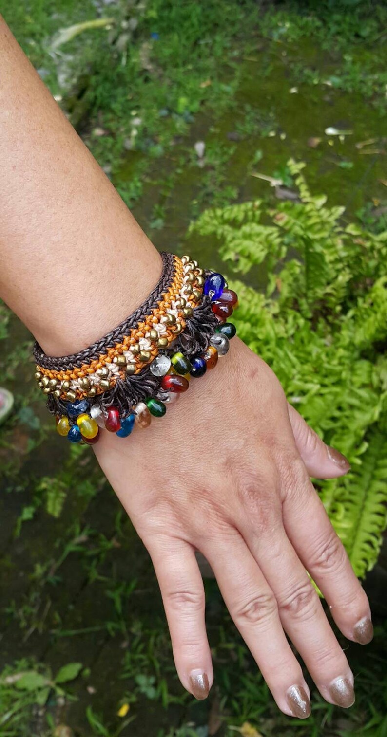 Boho Hand BraidedChrochet Gypsy Bracelet With Glass Teardrop and Brass Beads Nylon Wax Cord for her for gift