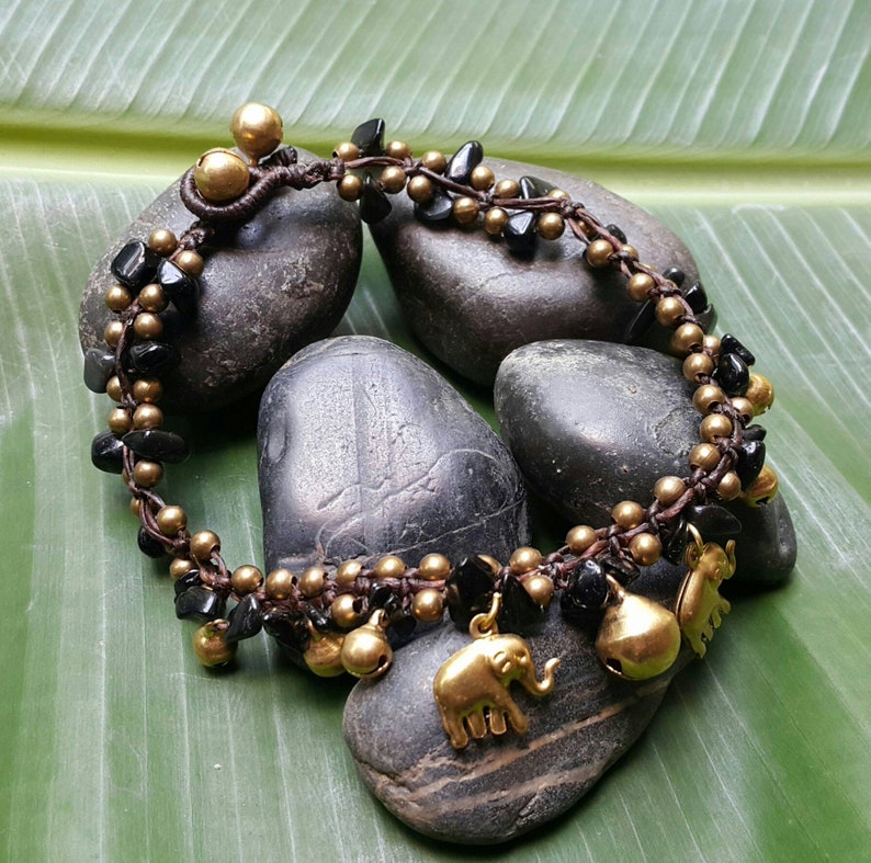 Bells and Brass Elephant Charms Yoga Wear Festival Fashion Boho Meditation Stone Black Onyx Bohemian Anklet with Brass Beads
