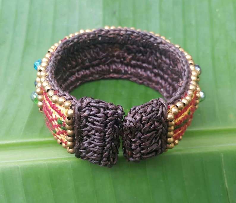 Hilltribe Boho Bangle With Hand Woven Hmong Hilltribe Fabric Crystal Beads Brass Beads and Wax Cord for her for mom