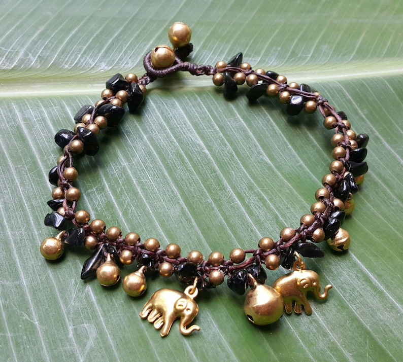 Bells and Brass Elephant Charms Yoga Wear Festival Fashion Boho Meditation Stone Black Onyx Bohemian Anklet with Brass Beads