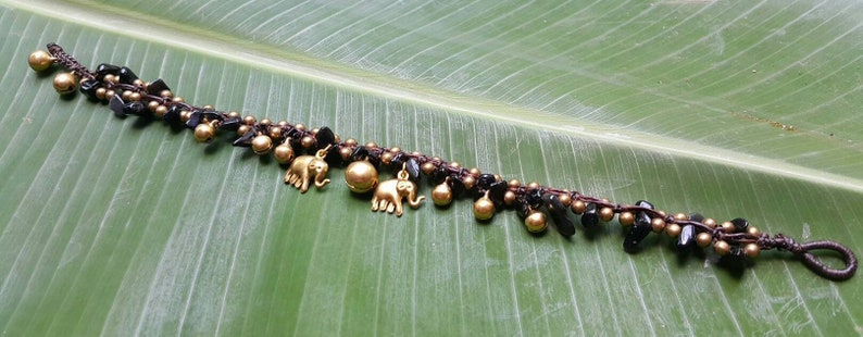 Bells and Brass Elephant Charms Yoga Wear Festival Fashion Boho Meditation Stone Black Onyx Bohemian Anklet with Brass Beads