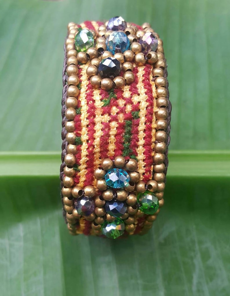 Hilltribe Boho Bangle With Hand Woven Hmong Hilltribe Fabric Crystal Beads Brass Beads and Wax Cord for her for mom