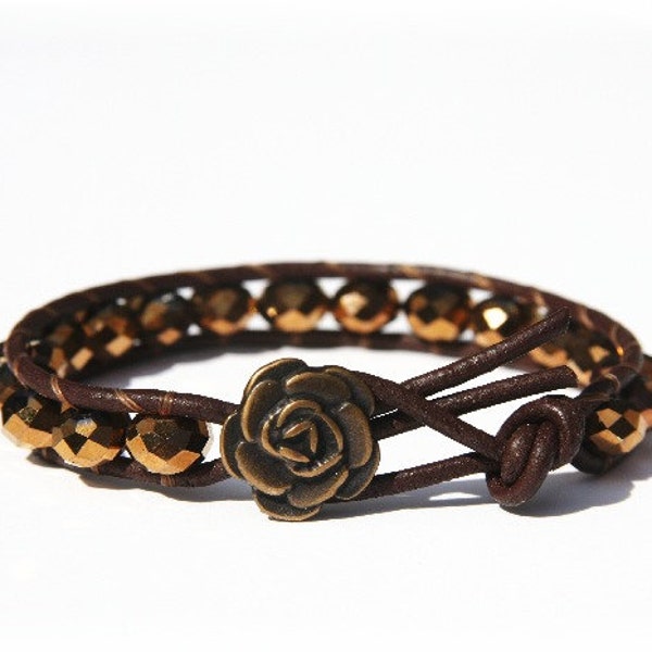 Bohemian Bracelet / Leather Bracelet / Boho Style / Bronze Beads / Antiqued Brass Rose Flower Button