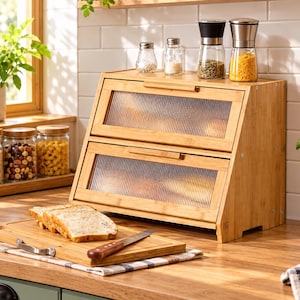Double Layer Bread Box, Wooden Bread Storage Container, Farmhouse Kitchen Counter Organizer