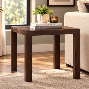 May include: A square side table made of dark brown wood with four straight legs. On top of the table are two stacked books, one titled The Kinfolk Home and the other titled At Home, a small white ribbed planter with a green plant, and a candle.