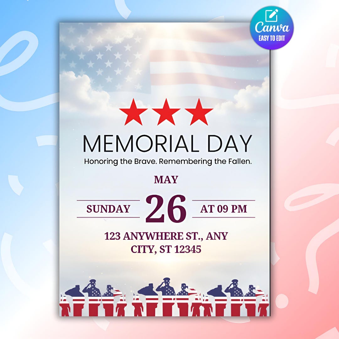 Memorial Day Invitation Template, Digital Invite Canva Template ...