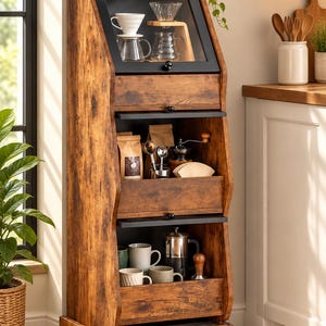 May include: A tall, rustic brown wood coffee station cabinet featuring a top glass-front display compartment, two open storage shelves, and a flat base. The unit holds coffee beans in glass jars, mugs, a coffee dripper, and various brewing tools.