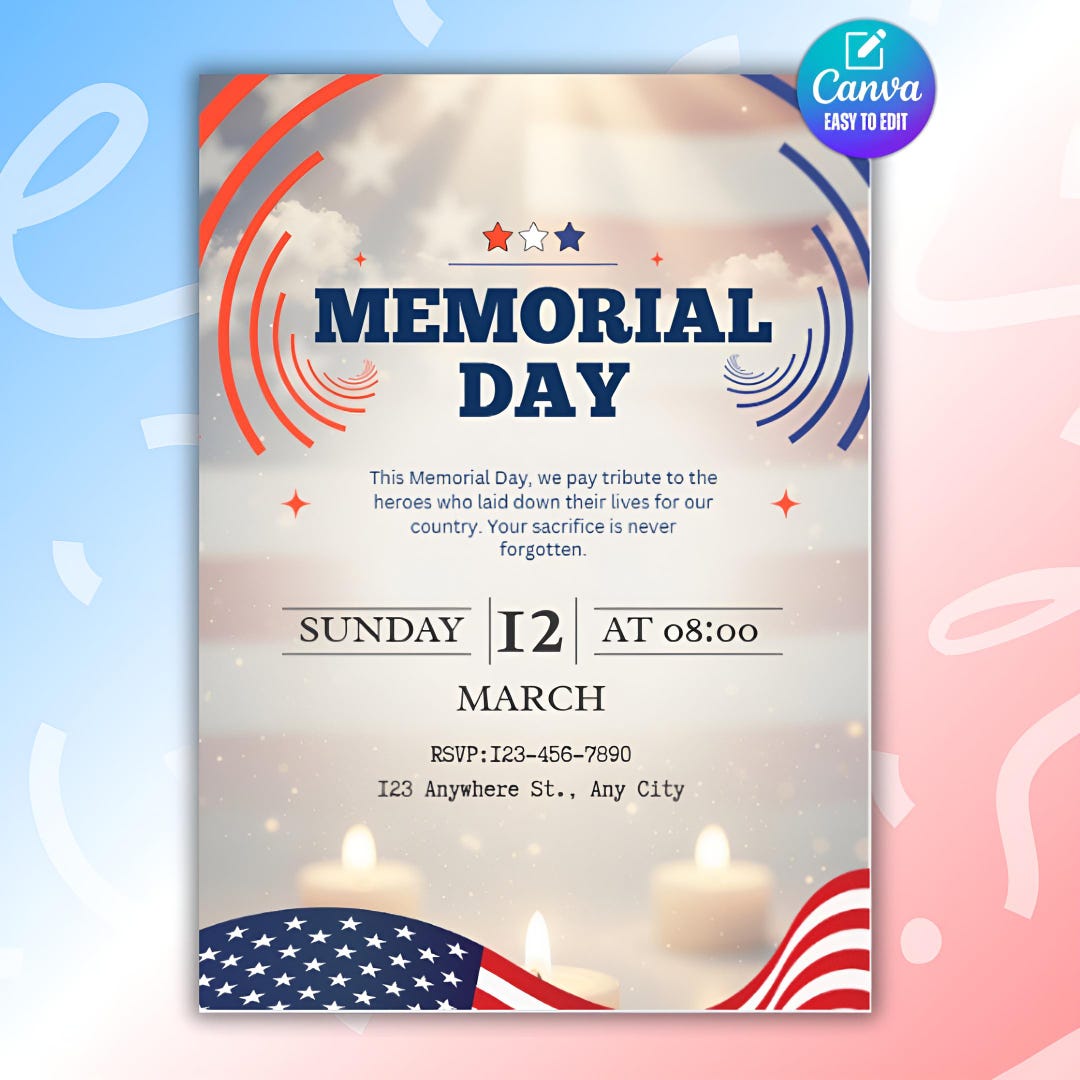 Memorial Day Invitation Template, Digital Invite Canva Template ...