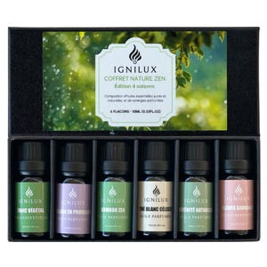 Peut inclure: Un coffret noir contenant six flacons de 10 ml d'huiles essentielles. Les flacons sont étiquetés avec la marque IGNILUX et différents parfums. Le coffret porte également l'inscription "COFFRET NATURE ZEN Édition 4 saisons".