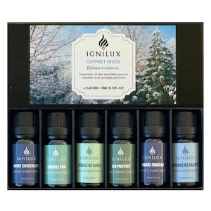 Peut inclure: Un coffret de six flacons d'huiles essentielles. Chaque flacon a une étiquette de couleur différente avec la marque "IGNILUX" et un nom de parfum unique. Le coffret est intitulé "COFFRET HIVER Edition 4 saisons" et contient des flacons de 10 ml.