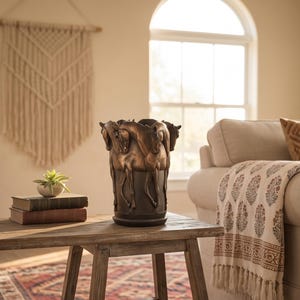 May include: A cylindrical bronze-toned vase featuring a relief sculpture of multiple horses standing side-by-side around the exterior. The vessel has a smooth base and a dark finish, showcasing detailed equine figures with arched necks and legs.