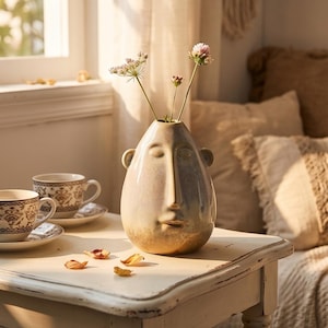 May include: A beige ceramic vase with a face design holds delicate flowers. The vase has a long nose, closed eyes, and small ear-like handles. Two teacups with saucers sit nearby on a white table, with scattered petals.
