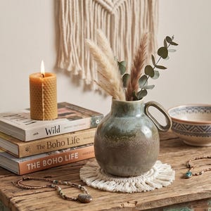 May include: A rustic still life featuring a small, green and brown ceramic vase with a handle, holding dried grasses and eucalyptus. A lit honeycomb candle, books titled "Wild" and "The Boho Life", and a beaded necklace are also present. A macrame wall hanging is in the background.