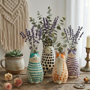 Può includere: Quattro vasi in ceramica a forma di gatto con composizioni floreali. I vasi sono dipinti con vari motivi: strisce blu, pois neri, pois arancioni e strisce viola. I vasi sono riempiti di lavanda ed eucalipto.