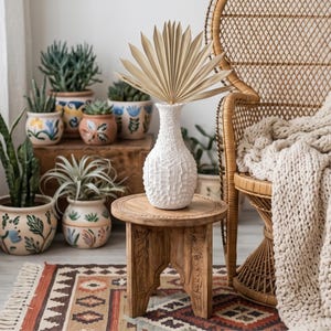 Puede incluir: Un jarrón de cerámica blanca texturizada con cuello estrecho se asienta sobre un pequeño taburete redondo de madera. Dentro del jarrón hay una hoja de palma seca en forma de abanico. El jarrón tiene un patrón geométrico irregular en relieve.