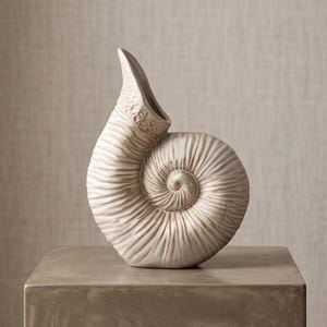 Puede incluir: Un jarrón de cerámica de color crema con forma de fósil de amonita en espiral. La superficie presenta surcos profundos y radiantes, con un acabado texturizado y desgastado que incluye sutiles reflejos marrones en las crestas, terminando en una abertura.