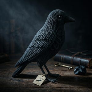 Puede incluir: Escultura de cuervo tejido a mano en gris oscuro. El ave está posada sobre una superficie de madera, con una etiqueta que dice "CORVUS ARTISAN MADE". El cuervo tiene una textura detallada. Una llave y un libro antiguos están en el fondo.