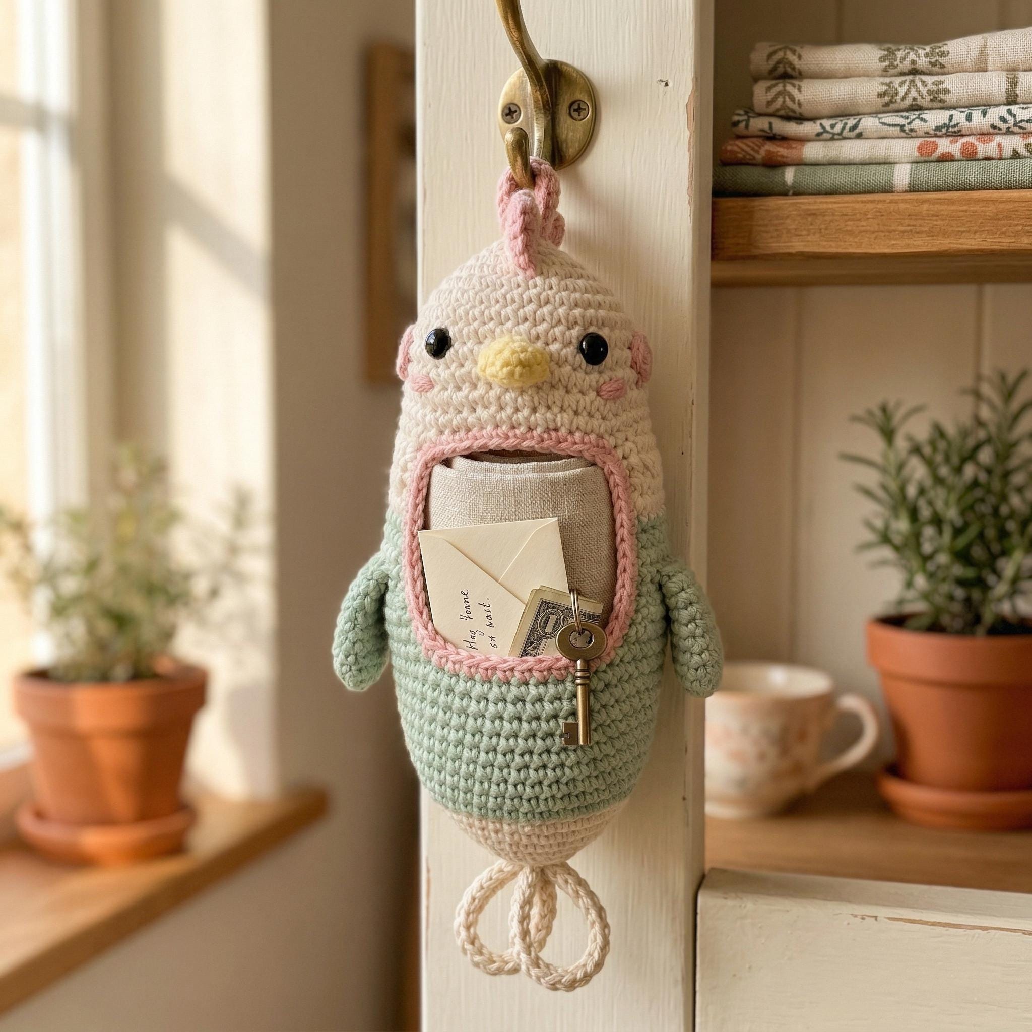 Chicken Key Rack Crochet Chicken Pouch & Keyholder Pattern | Easter Wall Organizer DIY ...