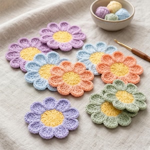 May include: Handmade crochet flower coasters in pastel shades of purple, blue, orange, and green, with yellow centres. A bowl of yarn and a crochet hook are visible, indicating a crafting theme. Coasters are suitable for drinks.