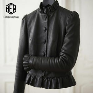 Black Leather Ruffle Peplum Jacket, Victorian Style Fitted Coat, Statement Outerwear