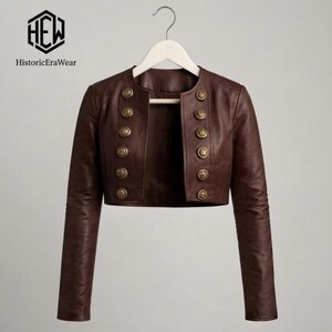 Brown Leather Cropped Jacket for Women, Military Bolero Coat, Handmade Regency Hussar Style Blazer