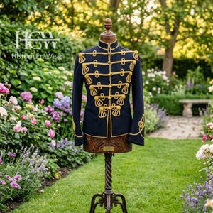 Puede incluir: Chaqueta militar azul marino con adornos dorados y detalles decorativos, exhibida en un maniquí de madera. La chaqueta presenta un cuello alto y detalles dorados ornamentados. El fondo es un exuberante jardín.