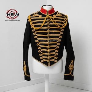 Chaqueta tipo dolman de húsares, negra, de lana con trenzado dorado, túnica ceremonial militar.