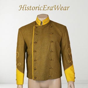 May include: A tan military-style jacket with a high collar, yellow trim, and gold-tone buttons. The jacket features yellow cuffs with gold embroidery and the text HistoricEraWear at the top. It has a double-breasted front closure design.