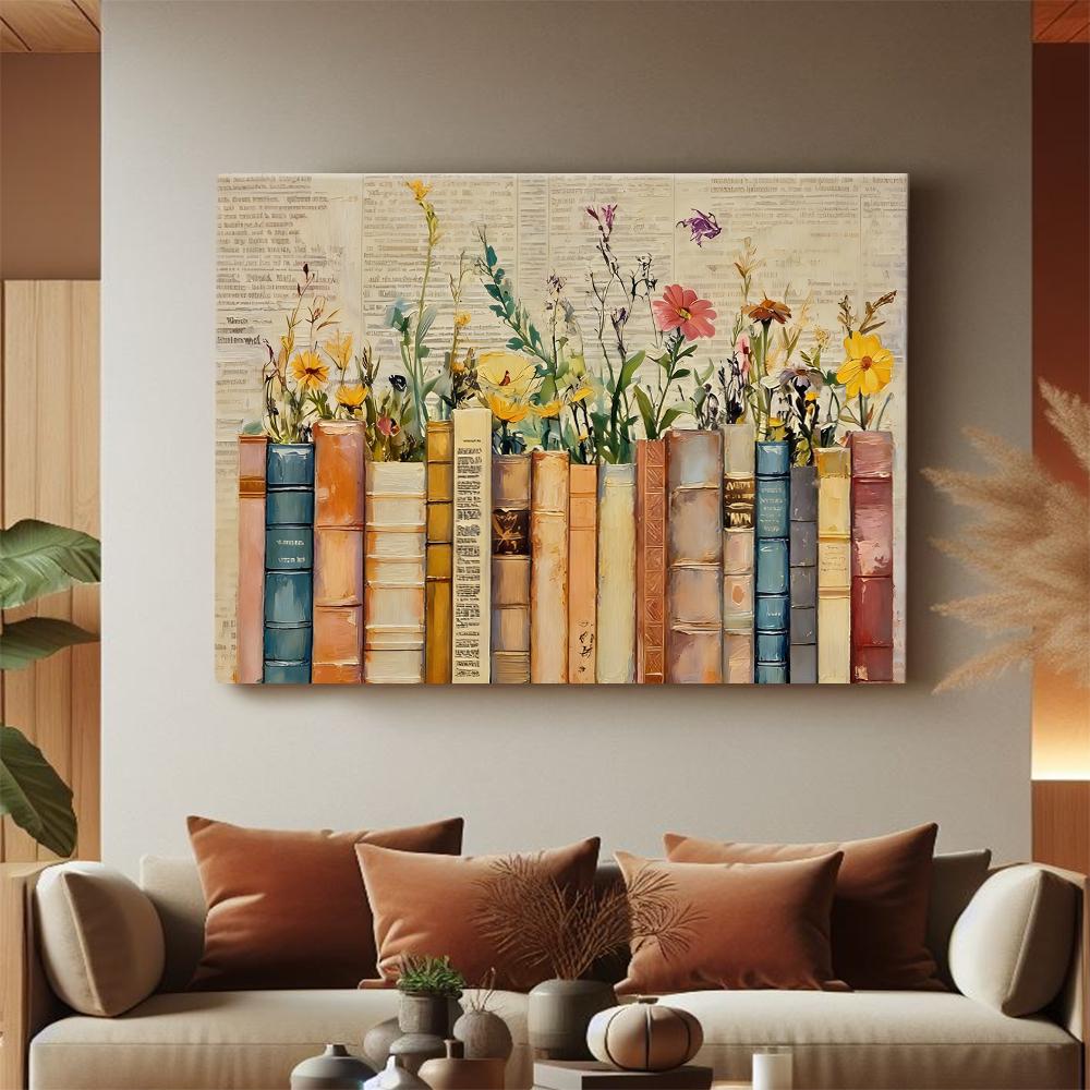 Framed Bookshelf Floral Wall Art, Vintage Book Stack Painting, Library ...