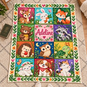 Personalized Animal Friends Blanket, Floral Patchwork with Woodland and Pet Portraits