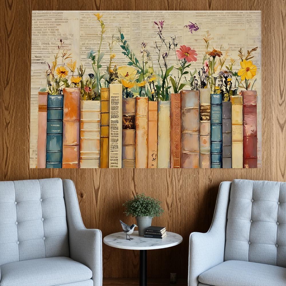 Framed Bookshelf Floral Wall Art, Vintage Book Stack Painting, Library ...