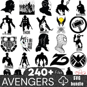 Puede incluir: Colección de siluetas de superhéroes en blanco y negro, incluyendo Iron Man, Thor y Batman. La imagen incluye el texto "AVENGERS" y "240+ Files SVG bundle".