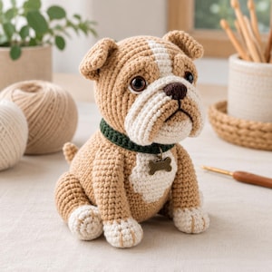 May include: A crocheted bulldog figurine in tan, white, and brown. The dog has a green collar with a bone-shaped tag. The handmade dog is sitting with its paws forward, and has a white stripe on its head.