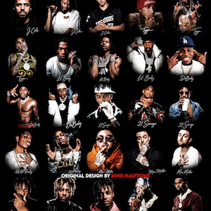 May include: A black graphic featuring portraits of various rappers, including J. Cole, Lil Baby, and Mac Miller. The image includes the text "ORIGINAL DESIGN BY KING HALFTONE" and artist names.